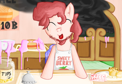 Size: 1382x958 | Tagged: safe, artist:darkyosh, character:pinkie pie, apron, beard, bubble berry, clothing, facial hair, goatee, rule 63, smoke