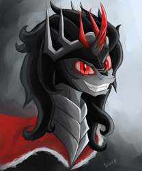 Size: 2500x3000 | Tagged: safe, artist:sinniepony, character:king sombra, species:pony, species:unicorn, abstract background, armor, black mane, bust, crown, jewelry, male, portrait, red eyes, regalia, solo