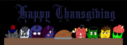 Size: 1024x365 | Tagged: safe, artist:thelordofdust, oc, oc only, oc:maneia, species:bird, species:pony, cooked, dead, food, group, meat, obsession is magic, ponies eating meat, thanksgiving, turkey