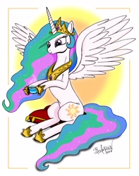 Size: 2406x3059 | Tagged: safe, artist:berlioz-ii, character:princess celestia, species:alicorn, species:pony, abstract background, cup, cushion, ecstasy of tea, female, simple background, sitting, solo, teacup