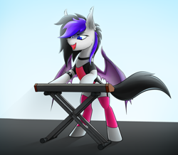 Size: 1950x1700 | Tagged: safe, artist:o0o-bittersweet-o0o, oc, oc only, oc:thorne, species:bat pony, species:pony, clothing, female, keyboard, musical instrument, piercing, smiling, standing