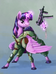 Size: 2560x3369 | Tagged: safe, artist:terrafomer, character:twilight sparkle, character:twilight sparkle (alicorn), species:alicorn, species:pony, clothing, female, gun, mp5k, solo, submachinegun, suit, weapon