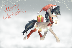 Size: 3000x2000 | Tagged: safe, artist:wacky-skiff, derpibooru original, oc, oc only, oc:updraft, species:pegasus, species:pony, blue eyes, candy, candy cane, christmas, christmas lights, clothing, female, food, hat, holiday, lantern, mare, multicolored hair, present, scarf, snow, socks, stars, wings