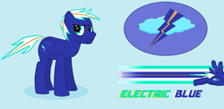 Size: 1566x762 | Tagged: safe, artist:lukington17, oc, oc only, oc:electric blue, species:pegasus, species:pony, blue background, cutie mark, male, simple background, solo, speed trail, stallion, stubble, trail