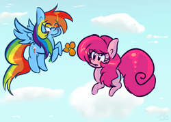Size: 700x500 | Tagged: dead source, safe, artist:strobo-pop, character:pinkie pie, character:rainbow dash, species:earth pony, species:pegasus, species:pony, ship:pinkiedash, g4, alternate hairstyle, cloud, cloudy, female, flower, flying, lesbian, mare, shipping