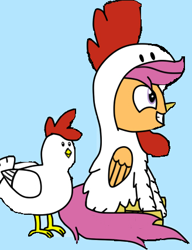 Size: 328x426 | Tagged: safe, artist:vanillaghosties, character:scootaloo, species:chicken, species:pony, animal costume, chicken suit, clothing, costume, cute, cutealoo, happy, scootachicken, silly, silly pony