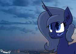 Size: 1024x732 | Tagged: safe, artist:kiwipone, oc, oc only, oc:midnight music, species:pony, species:unicorn, city, cityscape, cute, drawn with mouse, female, gift art, gift for friend, mare, signature