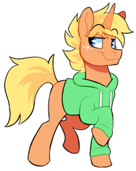 Size: 637x800 | Tagged: safe, artist:deerspit, oc, oc only, oc:jai heart, species:pony, species:unicorn, 2018 community collab, derpibooru community collaboration, clothing, hoodie, simple background, solo, transparent background