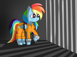 Size: 640x480 | Tagged: safe, artist:stepcorbin, character:rainbow dash, bars, bound wings, cell, chains, clothing, cuffs, female, jail, prison, prison outfit, prisoner, prisoner rd, sad, shackles, solo