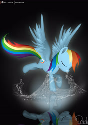 Size: 3508x4961 | Tagged: safe, artist:edonovaillustrator, character:rainbow dash, species:pegasus, species:pony, black background, eyes closed, female, landing, lineless, mare, patreon, patreon logo, reflection, simple background, solo, spread wings, water, wings