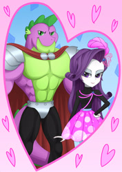 Size: 1895x2684 | Tagged: safe, artist:liu ting, character:rarity, character:spike, species:dragon, ship:sparity, my little pony:equestria girls, abs, beefspike, burlesque, cape, clothing, feather, female, heart, knight spike, looking at you, male, muscles, older, older spike, shipping, skirt, smiling, straight
