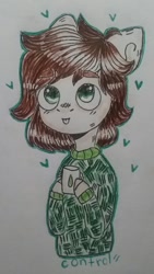 Size: 434x768 | Tagged: safe, artist:cactus-control, oc, oc only, bandaid, blep, clothing, cup, green eyes, heart, original species, simple background, sweater, tongue out, traditional art, white background