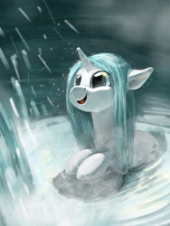Size: 1536x2048 | Tagged: safe, artist:louislithium, oc, oc only, species:pony, species:unicorn, amazed, floppy ears, leaning, looking at something, looking up, open mouth, smiling, solo, water, waterfall, wet mane