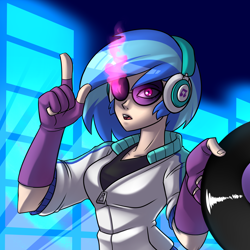 Size: 3500x3500 | Tagged: safe, artist:imskull, character:dj pon-3, character:vinyl scratch, species:human, my little pony:equestria girls, clothing, female, fingerless gloves, gloves, glowing eyes, headphones, humanized, open mouth, pointing, record, solo, sunglasses