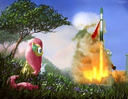 Size: 960x750 | Tagged: safe, artist:moe, edit, character:angel bunny, character:fluttershy, duo, icbm, looking at something, looking away, missile, nuclear weapon, photoshop, r-36 warlord, satan, sitting, ss-18 satan, wat, weapon