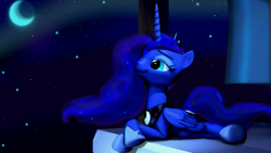Size: 1920x1080 | Tagged: safe, artist:litterpaws, character:princess luna, species:alicorn, species:pony, 3d, crossed hooves, female, looking up, mare, moon, night, sitting, smiling, solo, source filmmaker