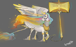 Size: 1538x942 | Tagged: safe, artist:penrosa, character:princess celestia, species:alicorn, species:classical unicorn, species:pony, species:unicorn, armor, big wings, bracelet, bridle, chainmail, chains, cloven hooves, crown, curved horn, ear piercing, earring, ethereal mane, female, fire, glowing eyes, glowing mane, gray background, hammer, hoof shoes, horn, horn jewelry, horn ring, impossibly large horn, jewelry, leonine tail, levitation, lidded eyes, long horn, magic, mane, mane of fire, mare, open mouth, peytral, piercing, raised hoof, regalia, simple background, sledgehammer, smiling, smirk, solo, spread wings, tack, tail feathers, tail jewelry, tail ring, telekinesis, unshorn fetlocks, war hammer, weapon, wings