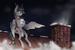 Size: 3000x2000 | Tagged: safe, artist:wacky-skiff, oc, oc only, oc:updraft, species:pony, animal costume, antlers, bells, blue eyes, chimney, christmas, clothing, costume, cutie mark, female, holiday, mare, mug, multicolored hair, night, red nose, reindeer antlers, reindeer costume, rooftop, sitting, snow, stars, wings