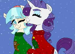 Size: 1111x800 | Tagged: safe, artist:sodaaz, character:coco pommel, character:rarity, species:earth pony, species:pony, species:unicorn, ship:marshmallow coco, christmas, christmas sweater, clothing, female, holiday, kiss on the cheek, kissing, lesbian, shipping, snow, sweater