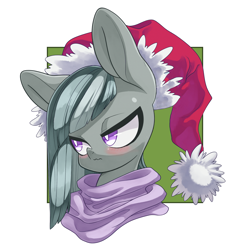 Size: 3000x3000 | Tagged: safe, artist:kaikoinu, artist:thepolymath, edit, character:marble pie, species:earth pony, species:pony, blushing, bust, christmas, clothing, cute, female, hat, holiday, looking away, mare, nervous, portrait, santa hat, scarf, shy, simple background, solo, white background