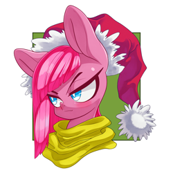 Size: 3000x3000 | Tagged: safe, artist:kaikoinu, artist:thepolymath, edit, character:pinkamena diane pie, character:pinkie pie, species:earth pony, species:pony, blushing, bust, christmas, clothing, confident, cute, cuteamena, female, hat, holiday, looking away, mare, portrait, santa hat, scarf, simple background, smiling, smirk, solo, white background