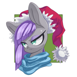 Size: 3000x3000 | Tagged: safe, artist:kaikoinu, artist:thepolymath, edit, character:maud pie, species:earth pony, species:pony, blushing, bust, christmas, clothing, cute, female, hat, holiday, looking away, mare, portrait, santa hat, scarf, simple background, solo, white background