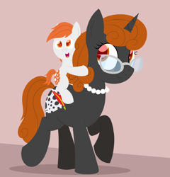 Size: 1920x2000 | Tagged: safe, artist:dtcx97, artist:meestorvertex, edit, oc, oc only, oc:graphia, oc:victus, species:earth pony, species:pony, species:unicorn, colt, cutie mark, duo, female, foal, glasses, hooves, horn, jewelry, lineless, male, mare, mother and son, necklace, open mouth, pearl necklace, ponies riding ponies