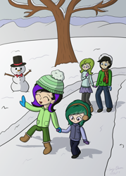 Size: 2000x2800 | Tagged: safe, artist:sketchydesign78, oc, oc only, oc:racer hooves, oc:rain blitz, oc:sketchy design, oc:spearmint, species:human, bare tree, children, clothing, cute, dawwww, earmuffs, family, group, hat, holding hands, humanized, humanized oc, mittens, outdoors, scarf, snow, snowman, tree, walking, winter