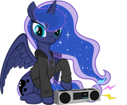 Size: 1207x1000 | Tagged: safe, artist:rtry, character:princess luna, species:alicorn, species:pony, boombox, clothing, cute, female, hoodie, lunabetes, mare, sitting, smiling, solo