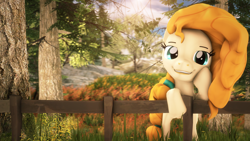 Size: 2560x1440 | Tagged: safe, artist:dazzion, artist:redaceofspades, character:pear butter, 3d, female, fence, hoof on head, looking at you, poster, smiling, solo, source filmmaker, tree, wallpaper