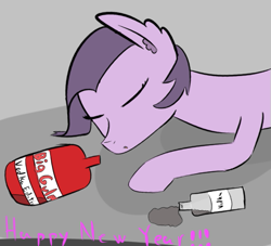 Size: 511x465 | Tagged: safe, artist:shobieshy, oc, oc only, oc:bee, alcohol, drunk, ear fluff, happy new year, holiday, lying down, passed out, simple background, sleeping, vodka