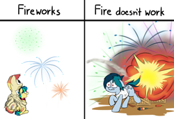 Size: 3000x2051 | Tagged: safe, artist:prismstreak, oc, oc only, oc:apogee, oc:delta vee, oc:jet stream, species:pony, clothing, crate, explosion, father and daughter, female, filly, firecracker, fireworks, floppy ears, freckles, hug, looking up, male, mare, open mouth, pun, running, scarf, shocked, smiling, stallion, winghug