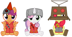Size: 600x309 | Tagged: safe, artist:darkgloones, character:apple bloom, character:scootaloo, character:sweetie belle, clothing, cosplay, costume, cute, cutie mark crusaders, female, filly, line-up, robot, robot chicken, scootabot, scootachicken, simple background, soldier, soldier pony, team fortress 2, transparent background, trio