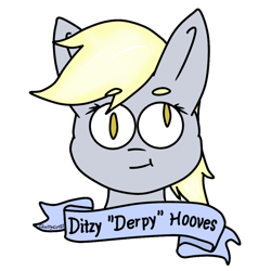 Size: 2000x2000 | Tagged: safe, artist:ghostygirl01, character:derpy hooves, banner, bust, chubby cheeks, cute, female, portrait, solo