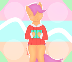 Size: 1753x1500 | Tagged: safe, artist:ponyxwright, character:scootaloo, christmas, female, holiday, present, semi-anthro, solo