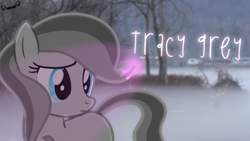 Size: 2600x1463 | Tagged: safe, artist:kiwipone, oc, oc only, oc:tracy grey, species:earth pony, species:pony, art trade, cute, female, fog, glowing mane, irl, mare, monochrome, partial color, photo, ponies in real life, solo, standing