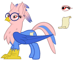 Size: 615x514 | Tagged: safe, artist:venaf, oc, oc only, oc:vivian iolani, species:classical hippogriff, species:hippogriff, cutie mark, female, glasses, red eyes, reference sheet, simple background, smiling, solo, standing, transparent background
