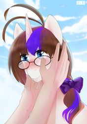 Size: 3496x4961 | Tagged: safe, artist:ruku, oc, oc only, oc:crystal lens, species:human, species:pony, species:unicorn, bow, bust, cloud, female, glasses, hand, holding head, mare, sky, two toned mane, ych result