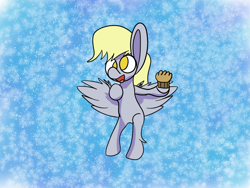 Size: 1600x1200 | Tagged: safe, artist:rafuki, character:derpy hooves, species:pegasus, species:pony, abstract background, female, flying, food, mare, muffin, no pupils, shading, solo