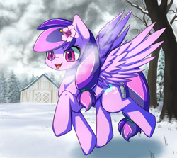 Size: 1850x1650 | Tagged: safe, artist:tangankittentail, oc, oc only, oc:moonlight blossom, species:pegasus, species:pony, barn, cloud, cloudy, cute, flower, snow, solo