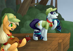 Size: 2000x1400 | Tagged: safe, artist:evakulisreal, character:applejack, character:coloratura, species:earth pony, species:pony, acoustic guitar, clothing, female, musical instrument, singing