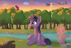 Size: 1024x683 | Tagged: safe, artist:rautaketju13, character:pinkie pie, character:rainbow dash, character:spike, character:twilight sparkle, species:dragon, species:pony, cardboard cutout, cardboard spike, confetti, crown, gift art, jewelry, morning, necklace, new crown, party, party cannon, regalia, scepter, sunlight, twilight scepter, vietnam war