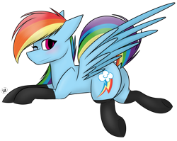 Size: 755x600 | Tagged: safe, artist:yourbestnightmaree, character:rainbow dash, species:pony, backwards cutie mark, clothing, dock, female, one eye closed, plot, simple background, socks, solo, transparent background, wink