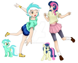 Size: 1024x827 | Tagged: safe, artist:magico-enma, character:bon bon, character:lyra heartstrings, character:sweetie drops, species:earth pony, species:human, species:pony, species:unicorn, adorabon, clothing, compression shorts, cute, female, human ponidox, humanized, light skin, lyrabetes, mare, midriff, moe, one eye closed, pleated skirt, ponidox, self ponidox, shoes, short shirt, shorts, simple background, skirt, smiling, socks, watermark, white background, wink