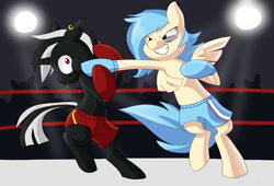 Size: 1470x1000 | Tagged: safe, artist:cobracookies, oc, oc only, oc:k.o., oc:slugger, species:pegasus, species:pony, species:unicorn, boxing, boxing gloves, bruised, clothing, duo, ear piercing, earring, fight, grin, horn, jewelry, lights, piercing, punch, smiling, sports, trunks, wings