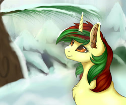 Size: 3606x3000 | Tagged: safe, artist:ondrea, oc, oc only, oc:northern spring, species:pony, species:unicorn, female, forest, looking up, simple background, snow, snow on nose, solo