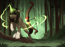 Size: 1315x956 | Tagged: safe, artist:empaws, oc, oc only, oc:clouded wisp, species:pony, species:unicorn, archer, arrow, assassin, bow, bow (weapon), bow and arrow, commission, female, forest, grass, hood, lights, magic, mare, solo, tree, weapon