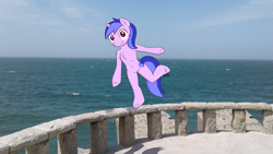 Size: 2397x1348 | Tagged: safe, artist:roxenmaratoun, character:sea swirl, species:pony, species:unicorn, argentina, balance, chest fluff, danger, female, irl, ocean, photo, ponies in real life, railing, semi-anthro, wave