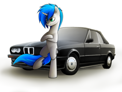 Size: 1600x1200 | Tagged: safe, artist:o0o-bittersweet-o0o, oc, oc only, oc:shifting gear, species:pony, species:unicorn, bipedal, bmw, bmw e30, car, leaning, male, simple background, smiling, white background