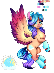 Size: 2988x4000 | Tagged: safe, artist:ondrea, oc, oc only, oc:sunset waves, species:pegasus, species:pony, clothing, colored wings, female, gradient hair, gradient wings, rearing, reference sheet, simple background, socks, solo, spread wings, tongue out, transparent background, wings